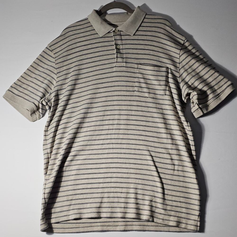Covington Mens Polo Shirt Large 42-44 Beige Navy Striped Short Sleeve Pocket Cot